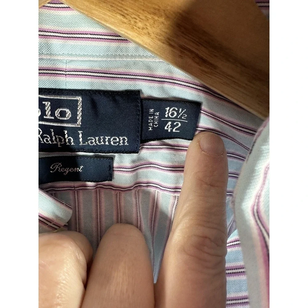 Polo Ralph Lauren Shirt Mens 16.5 Blue Stripe Regent Button Front‎ Long Sleeve